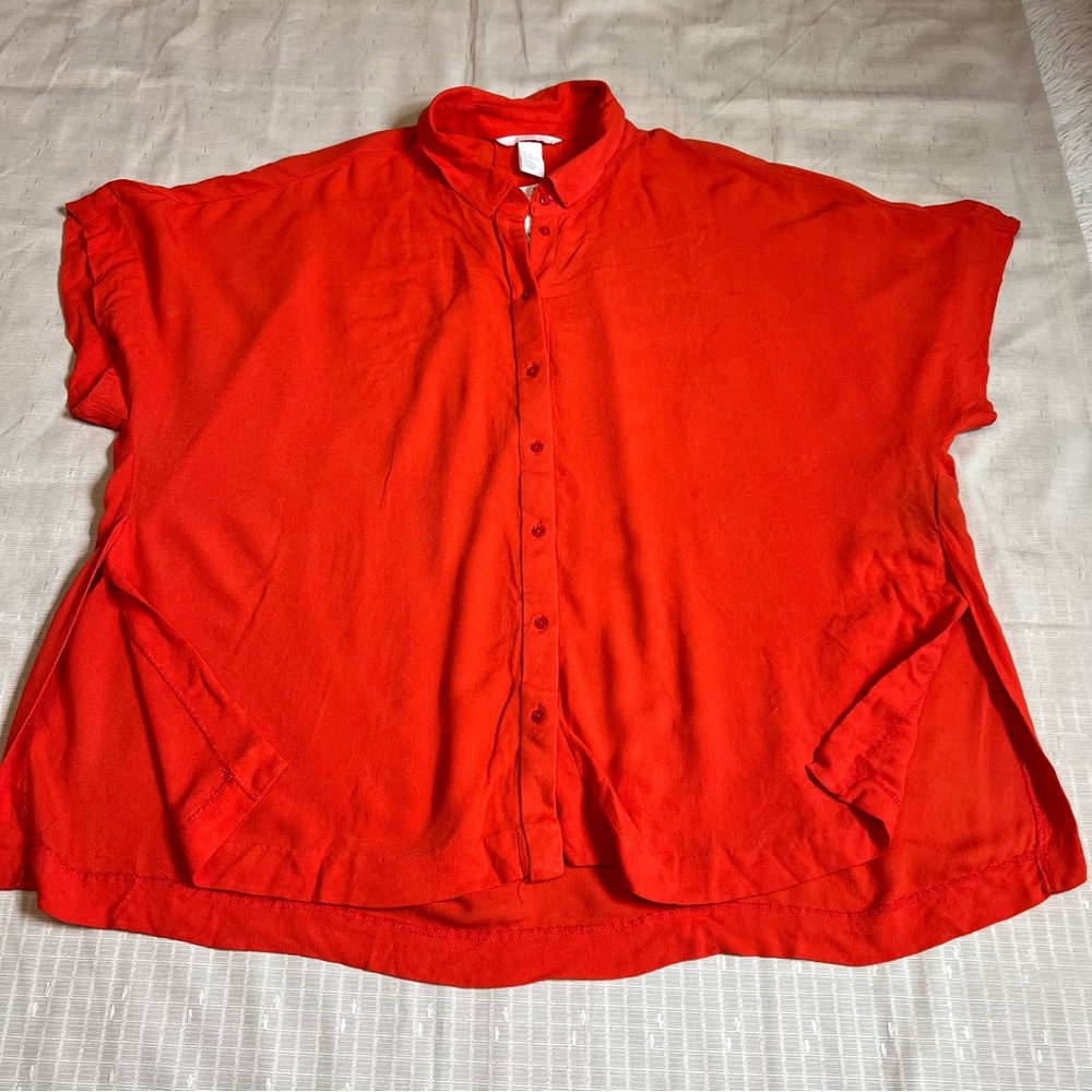 H&M Red button down blouse Short Sleeve Side Slits NWT Us Size 12 office casual - Picture 7 of 11